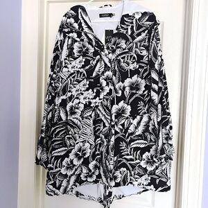 NWT 2X Ralph Lauren Black And White Tropical Floral Hooded Windbreaker Jacket